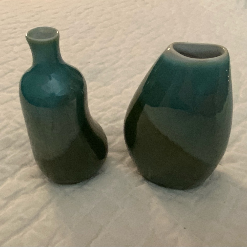 Mid-century Modern Mini Ceramic Vases With Green And Teal Ombre Glaze Set Of 2